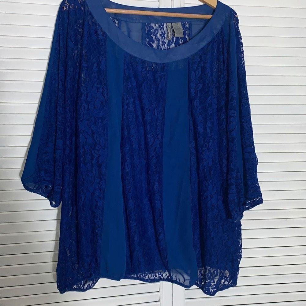 NWT Blue Sheer Lace Double Layered‎ Floaty Top Size 3X